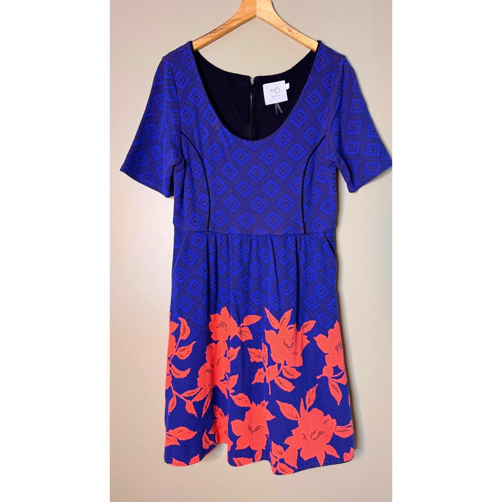 HD in Paris Anthropologie Blue Coral Geometric Floral Jacquard Pocket Dress M